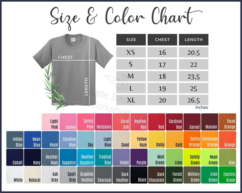May include: Size and color chart for t-shirts with measurements in inches for chest and length.  The chart shows sizes XS, S, M, L, and XL.  The color chart shows a variety of colors including blue, green, red, pink, orange, and grey.