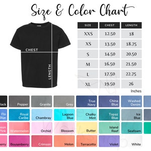 May include: Size and color chart for a t-shirt with measurements in inches for chest and length. The chart shows sizes from XXS to XL. The color chart shows a variety of colors for the t-shirt, including black, pepper, granite, grey, true navy, china blue, washed denim, blue jean, flo blue, royal caribe, chambray, lagoon blue, chalky mint, topaz blue, ice blue, denim, neon pink, watermelon, orchid, blossom, butter, island reef, seafoam, island green, crunchberry, boysenberry, crimson, melon, terracotta, violet, and white.