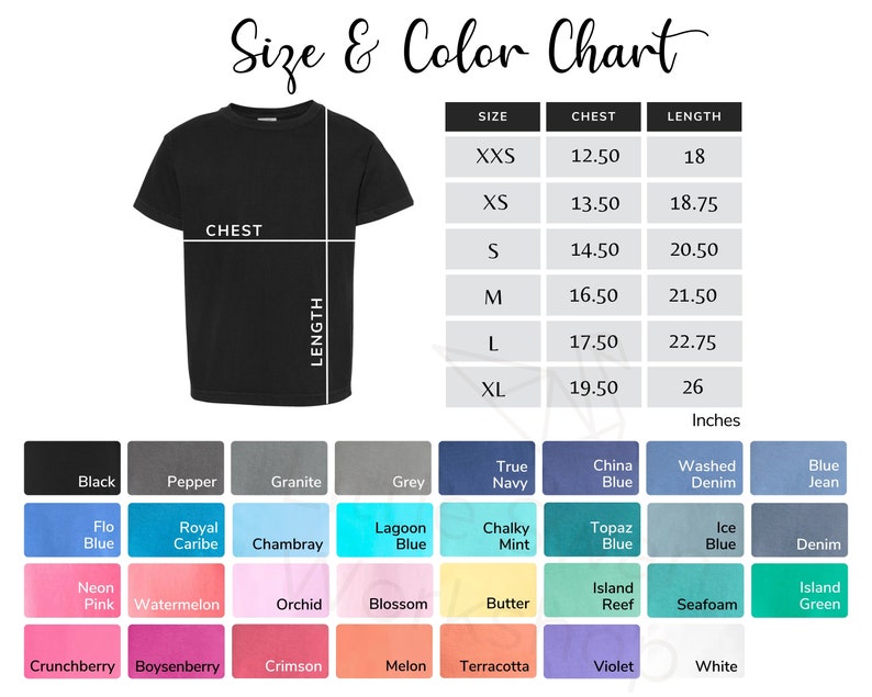 May include: Size and color chart for a t-shirt with measurements in inches for chest and length. The chart shows sizes from XXS to XL. The color chart shows a variety of colors for the t-shirt, including black, pepper, granite, grey, true navy, china blue, washed denim, blue jean, flo blue, royal caribe, chambray, lagoon blue, chalky mint, topaz blue, ice blue, denim, neon pink, watermelon, orchid, blossom, butter, island reef, seafoam, island green, crunchberry, boysenberry, crimson, melon, terracotta, violet, and white.