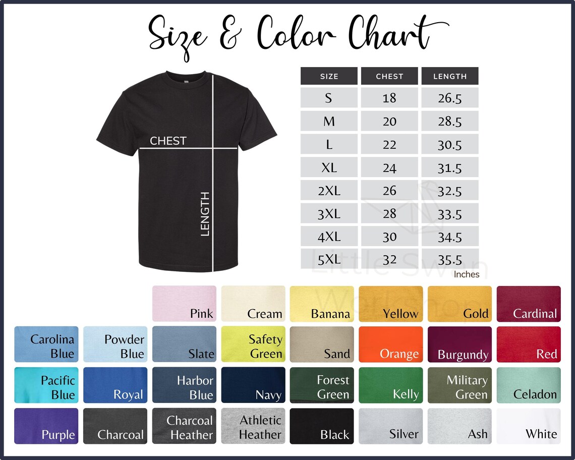 Alstyle 1301 Color Chart Alstyle 1301 Classic T-shirt Size - Etsy