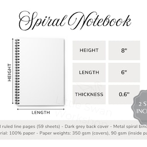 May include: A white spiral notebook with a dark grey back cover. It measures 8 inches in height, 6 inches in length, and 0.6 inches in thickness. The notebook has 118 ruled line pages (59 sheets). The text "2 STYLES INCLUDED" is printed on a grey circle.