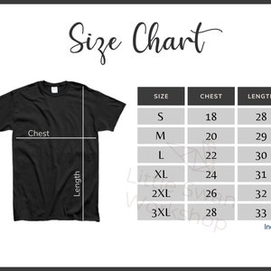 K&ouml;nnte beinhalten: Gr&ouml;&szlig;entabelle f&uuml;r ein T-Shirt mit Ma&szlig;en in Zoll f&uuml;r Brustumfang und L&auml;nge. Die Gr&ouml;&szlig;en reichen von S bis 3XL.