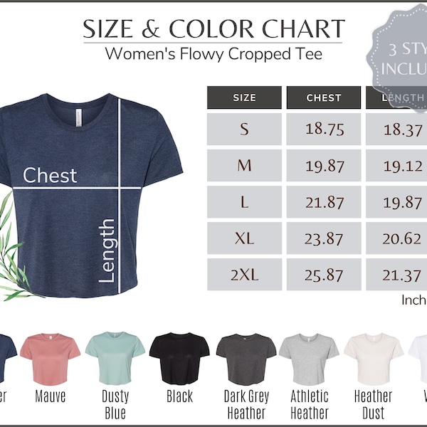 Bella Canvas 8882 Size and Color Chart - 8882 Women's Cropped Tee Size Table - Bella Canvas 8882 Mockup and Size Guide, White background
