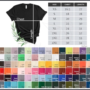 May include: A black t-shirt with a size chart showing chest and length measurements in inches. The chart includes sizes XS through 4XL.