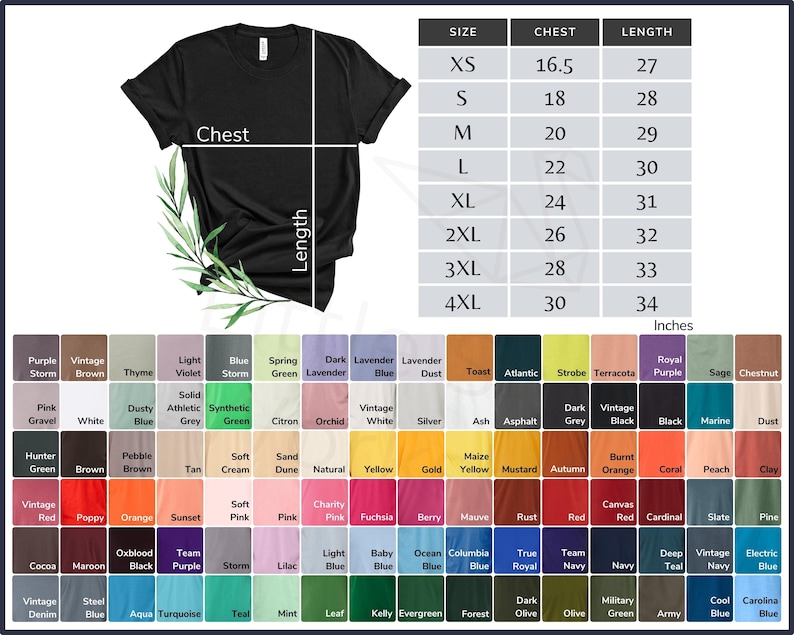 May include: A black t-shirt with a size chart showing chest and length measurements in inches. The chart includes sizes XS through 4XL.