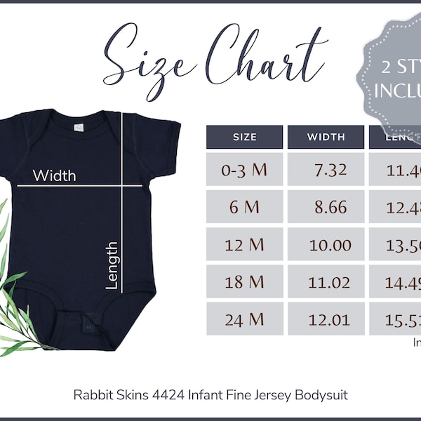 Rabbit Skins 4424 Size Chart - Infant Jersey Bodysuit Size Table - Rabbit Skins 4424 Mockup and Size Guide, White background