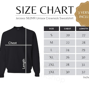May include: Size chart for a unisex crewneck sweatshirt. The chart shows chest and length measurements in inches for sizes S through 3XL.