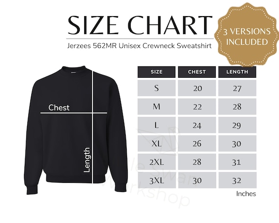 Jerzees 562MR Size Chart, 562 MR Sweatshirt Size Table, Nublend
