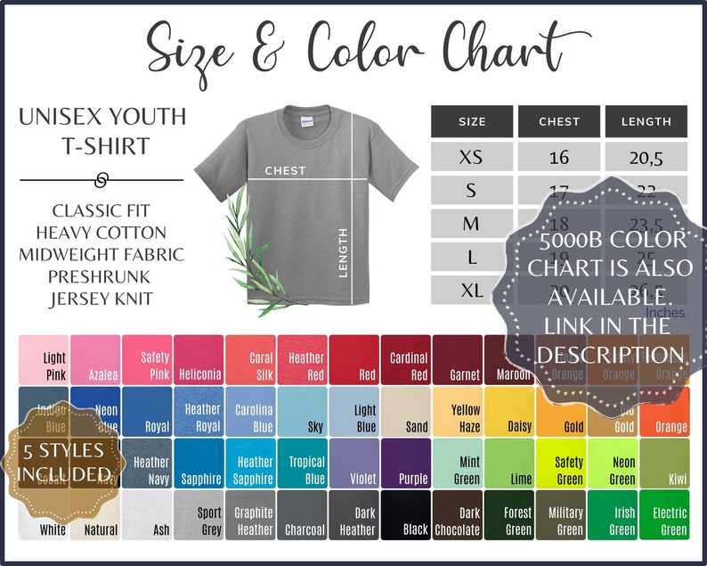 Gildan 5000B Size Chart, Gildan G500B Youth Tshirt Size Table, Gildan 5000B Navy Mockup and