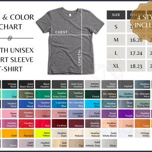 Tabla de colores Bella Canvas 3001Y, guía de colores y tallas de camisetas para jóvenes, tabla de colores y tallas BC 3001Y y 3001YCVC