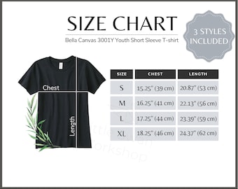 Bella Canvas 3001Y Youth Tee Size Chart, Inch & cm (Digital Download)