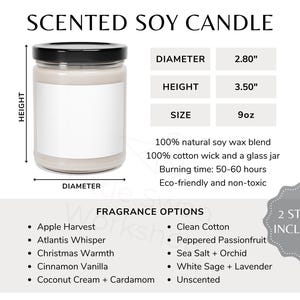 Tabela de tamanhos de velas de soja perfumadas, guia de tamanhos para velas de 9 onças, opções de fragrâncias