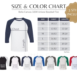 Carta de colores Bella Canvas 3200, tabla de tallas y colores de camisetas de béisbol, guía de tallas de colores Printify
