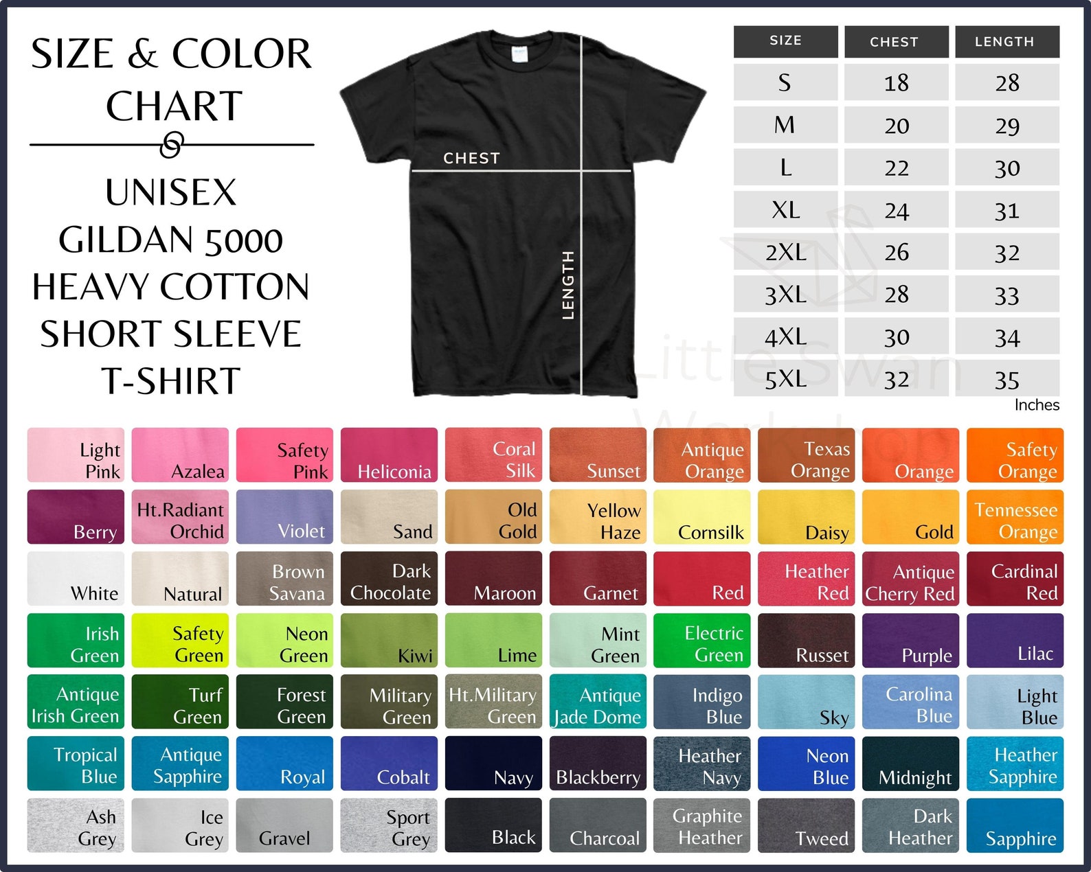 Gildan 5000 Color Chart Gildan G500 Unisex Adult T-shirt Size - Etsy