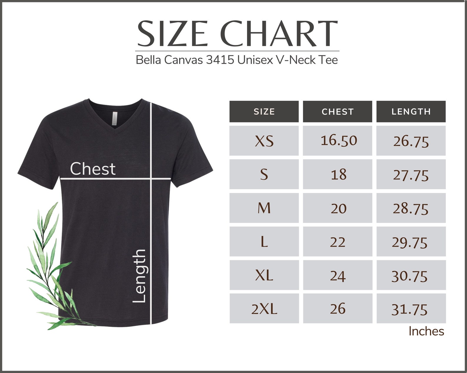bella canvas v neck size chart