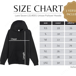 Lane Seven LS14001 Size Chart, Hoodie Size Guide, LS Sizing Table