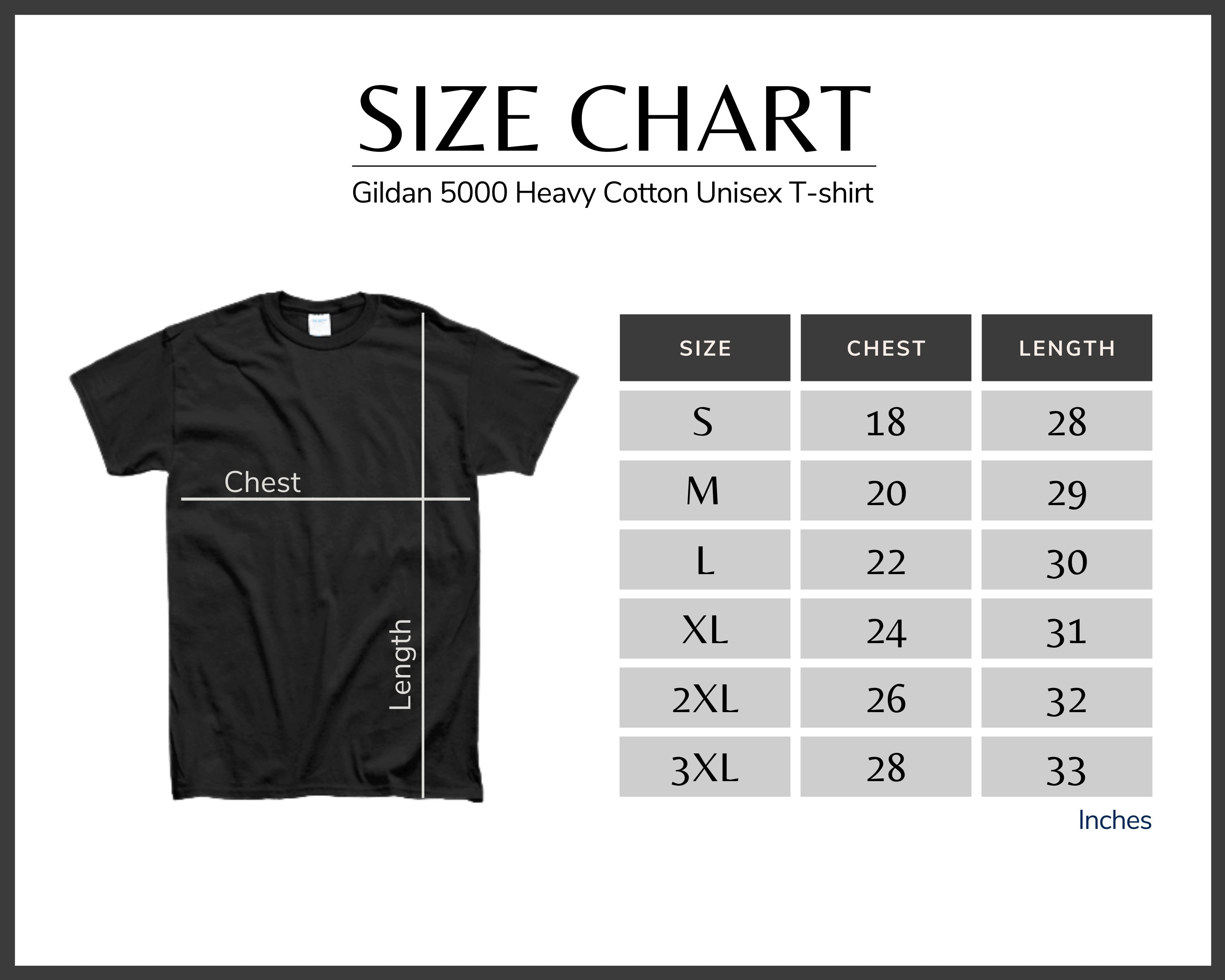 Gildan 5000 Size Chart Gildan Shirt Size Chart Gildan 5000 | Etsy