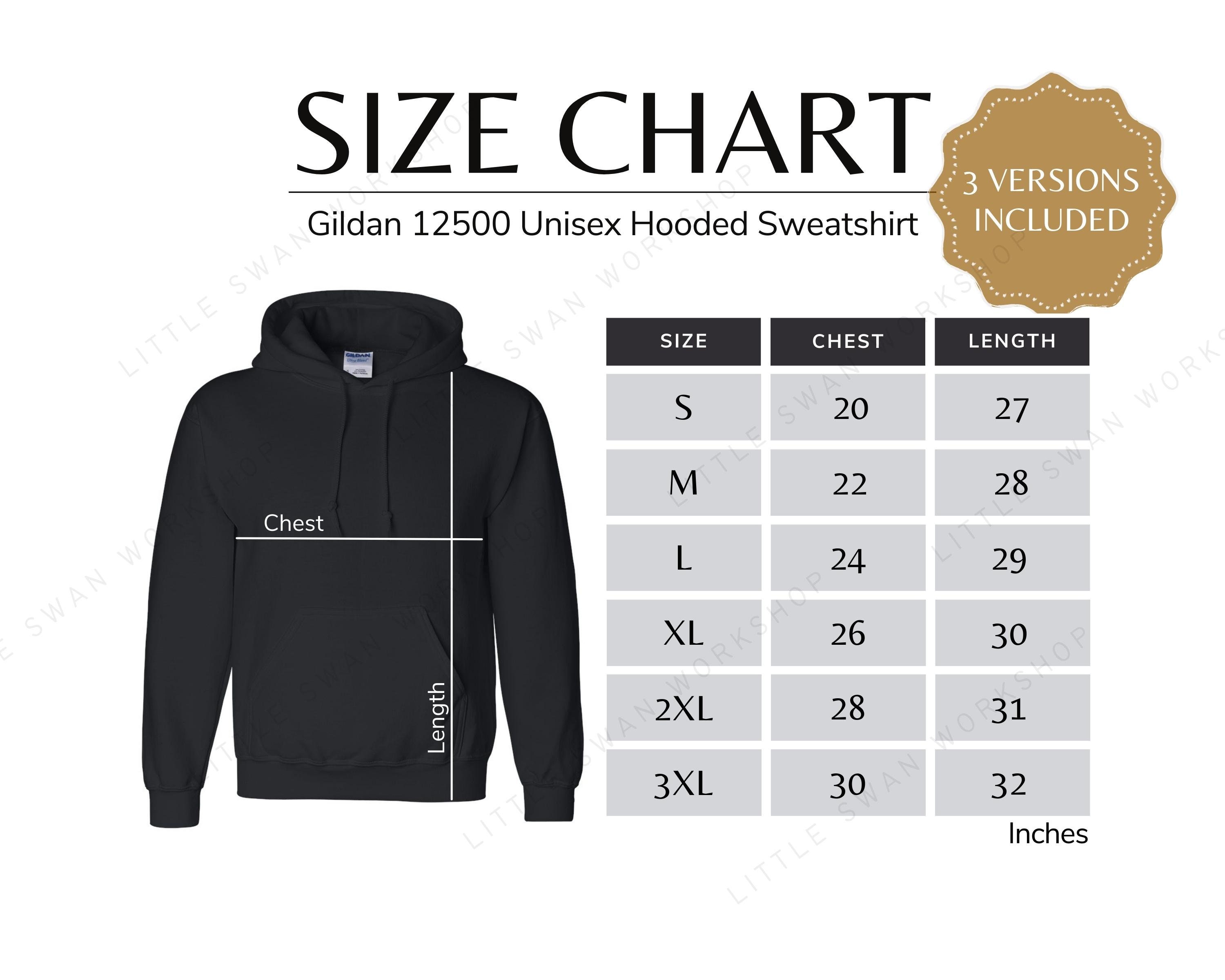 Gildan 12500 Size Chart, G125 Hodded Sweatshirt Size Table, Hoodie Sizing Guide Etsy