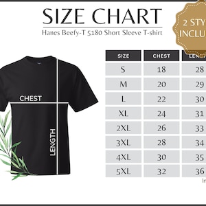 Hanes Beefy-T 5180 Size Chart, Hanes 5180 T-shirt Size Guide, Hanes 5180 Black Mockup and Size Table