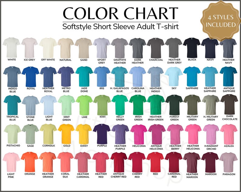 以下が含まれることがあります： 48種類のTシャツの色を示すカラーチャート。チャートには、「Softstyle Short Sleeve Adult T-shirt」と「4 Styles Included」というラベルが付けられています。