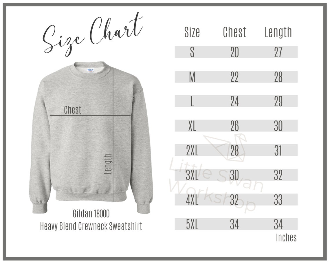 Gildan 18000 Size Chart Gildan G180 Sweatshirt Size Guide - Etsy