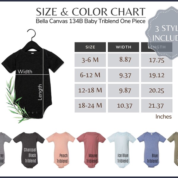 Bella Canvas 134B Color Chart - Bella Canvas 134 B Baby One Piece Size and Guide - 134B Every Color Mockup and Size Guide, All Colors