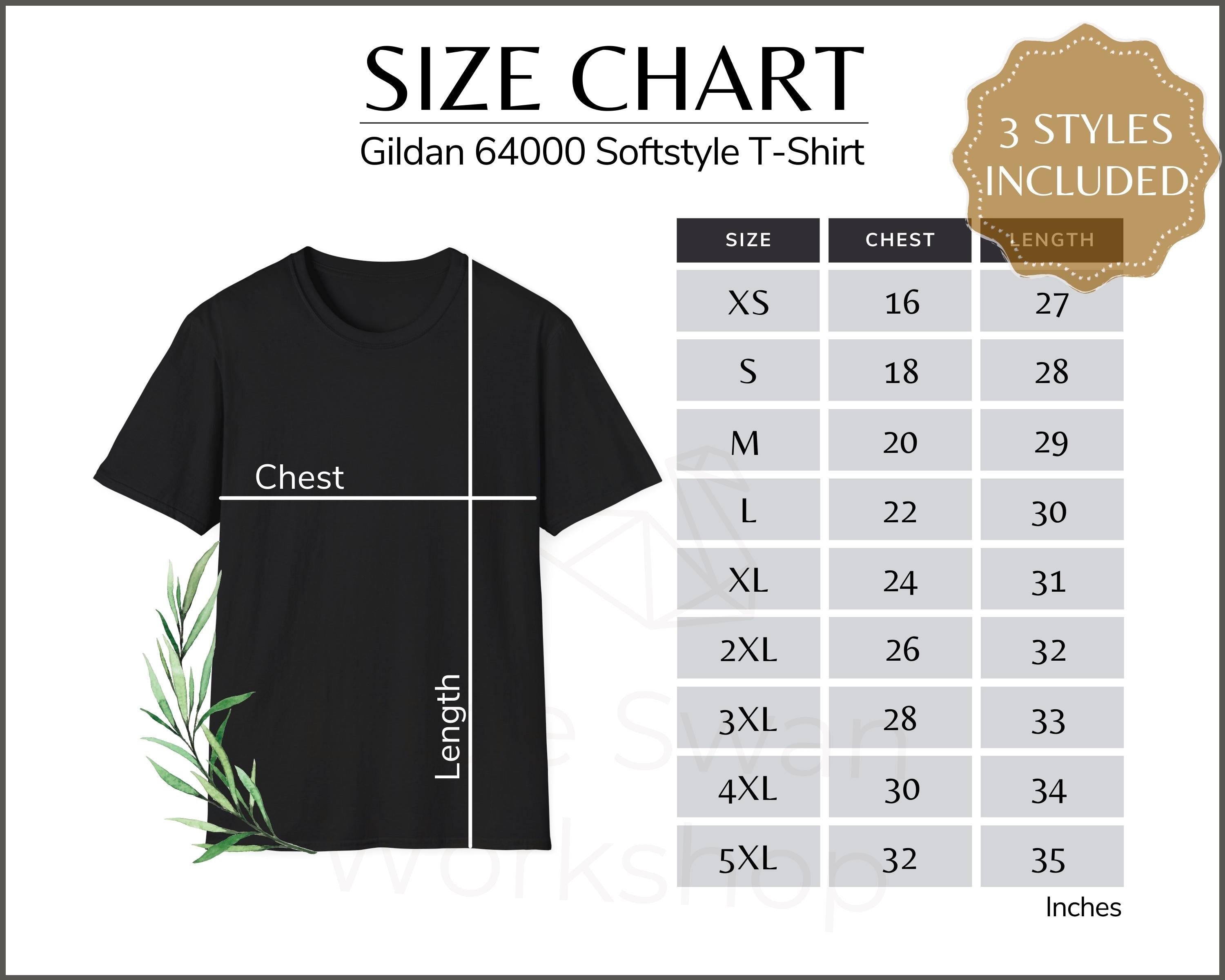 Gildan 64000 Size Chart, G640 Size Table, Unisex Softstyle T-shirt