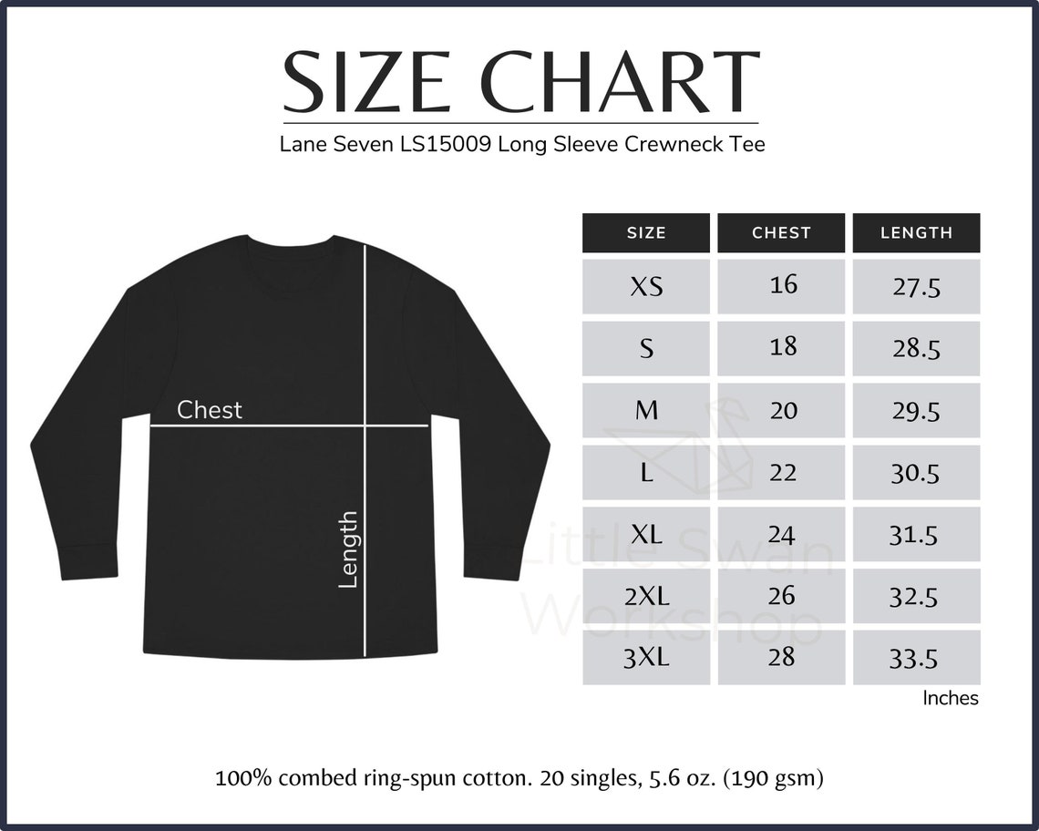 Lane Seven LS15009 Size Chart LS15009 Long Sleeve Tee Size | Etsy Ireland