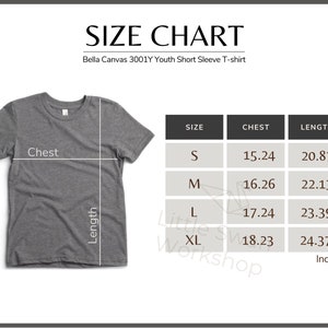 May include: Size chart for Bella Canvas 3001Y Youth Short Sleeve T-shirt. The chart shows sizes S, M, L, and XL with corresponding chest and length measurements in inches.