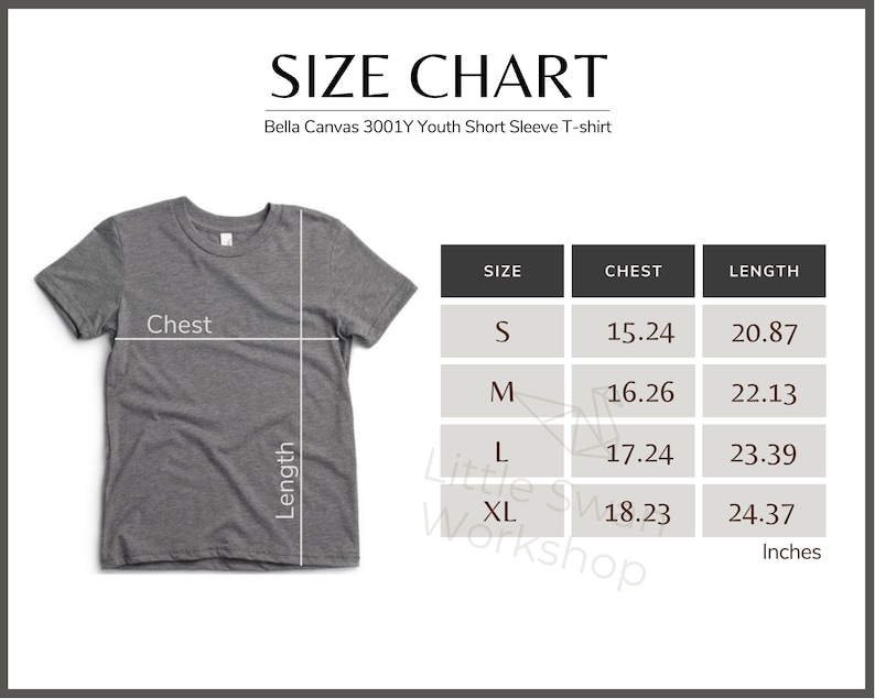 May include: Size chart for Bella Canvas 3001Y Youth Short Sleeve T-shirt. The chart shows sizes S, M, L, and XL with corresponding chest and length measurements in inches.