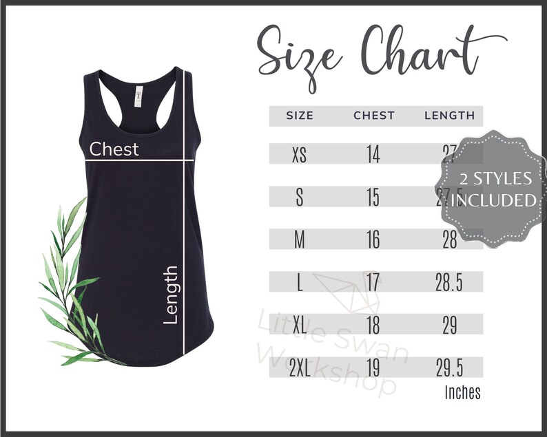 K&ouml;nnte beinhalten: Gr&ouml;&szlig;entabelle f&uuml;r ein Tanktop mit Ma&szlig;en in Zoll f&uuml;r Brustumfang und L&auml;nge. Die Gr&ouml;&szlig;en umfassen XS, S, M, L, XL und 2XL.