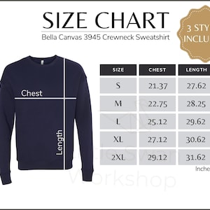 Bella Canvas 3945 Size Chart, Crewneck Sweatshirt Size Table, BC 3945 Size Guide, White background