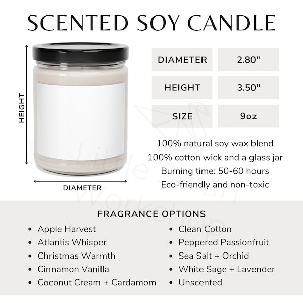 Scented Soy Candle Size Chart, Sizing Guide for 9oz Candle, Fragrance Options