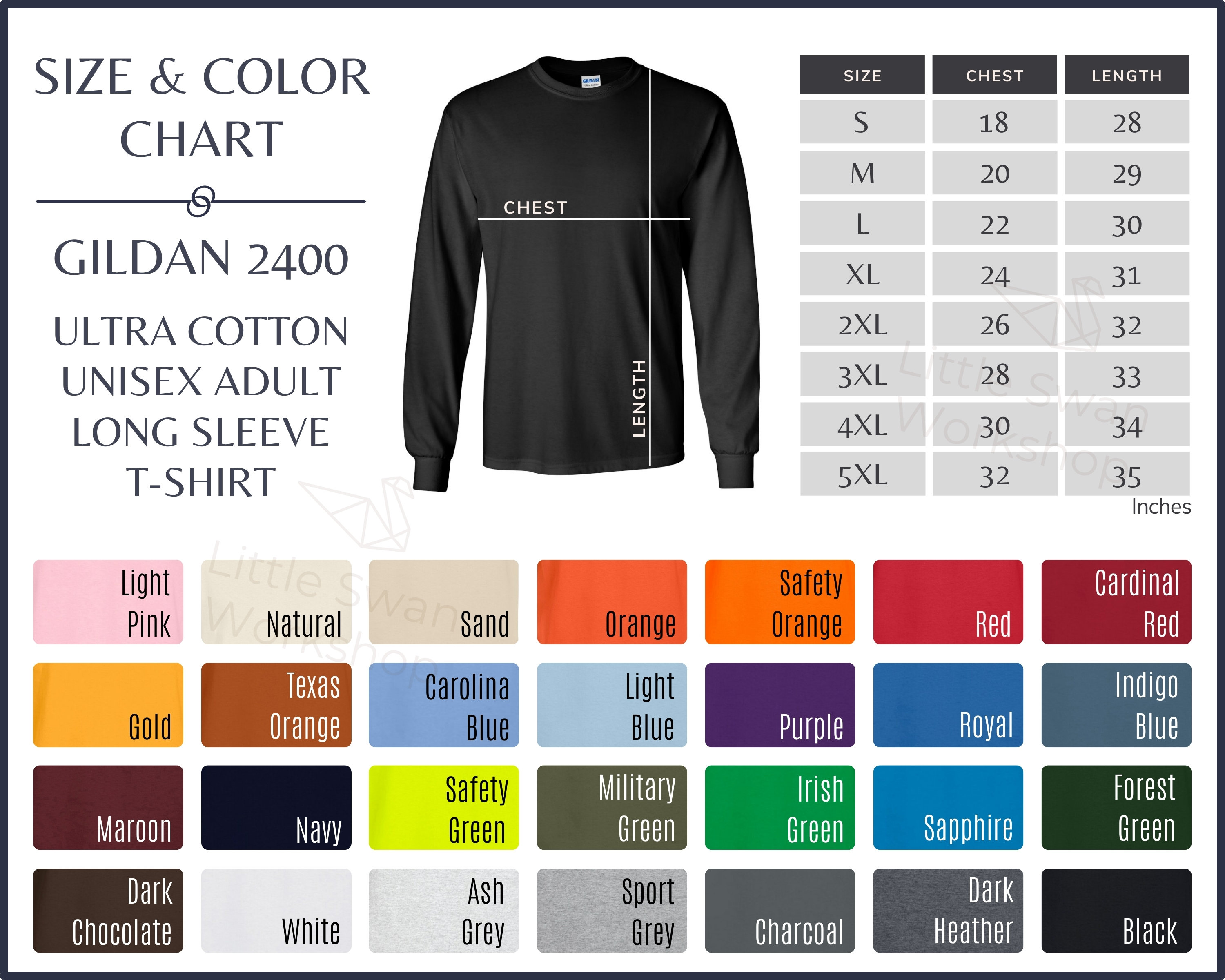 Gildan 2400 Color Chart - Gildan G240 Long Sleeve Tshirt Size and Color  Guide - G2400 Color and Size Table - All Colors - Etsy