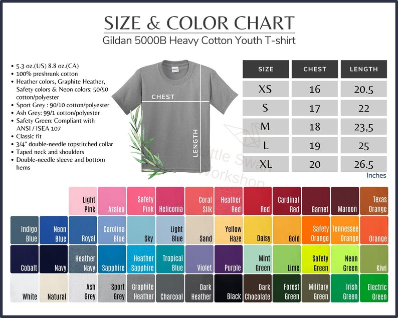 Gildan 5000B Youth T-Shirt Color Chart, Size Guide (Digital Download) image 3