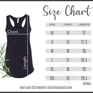 K&ouml;nnte beinhalten: Gr&ouml;&szlig;entabelle f&uuml;r ein Racerback-Tanktop mit den Ma&szlig;en in Zoll f&uuml;r Brustumfang und L&auml;nge. Die Gr&ouml;&szlig;en umfassen XS, S, M, L, XL und 2XL.