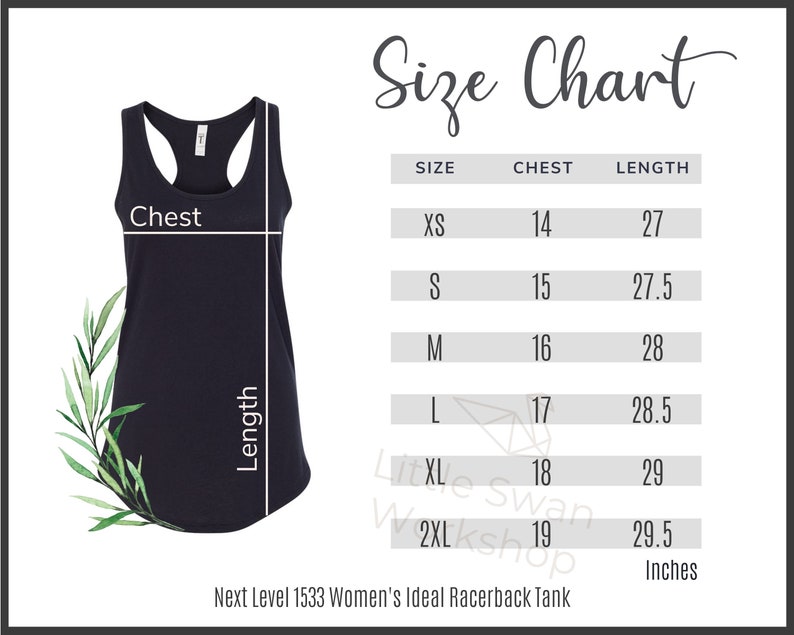 K&ouml;nnte beinhalten: Gr&ouml;&szlig;entabelle f&uuml;r ein Racerback-Tanktop mit den Ma&szlig;en in Zoll f&uuml;r Brustumfang und L&auml;nge. Die Gr&ouml;&szlig;en umfassen XS, S, M, L, XL und 2XL.