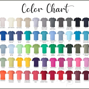 以下が含まれることがあります： Tシャツの色見本。60色以上のカラーバリエーションが掲載されています。白、黒、紺、赤、緑、青、紫などがあります。