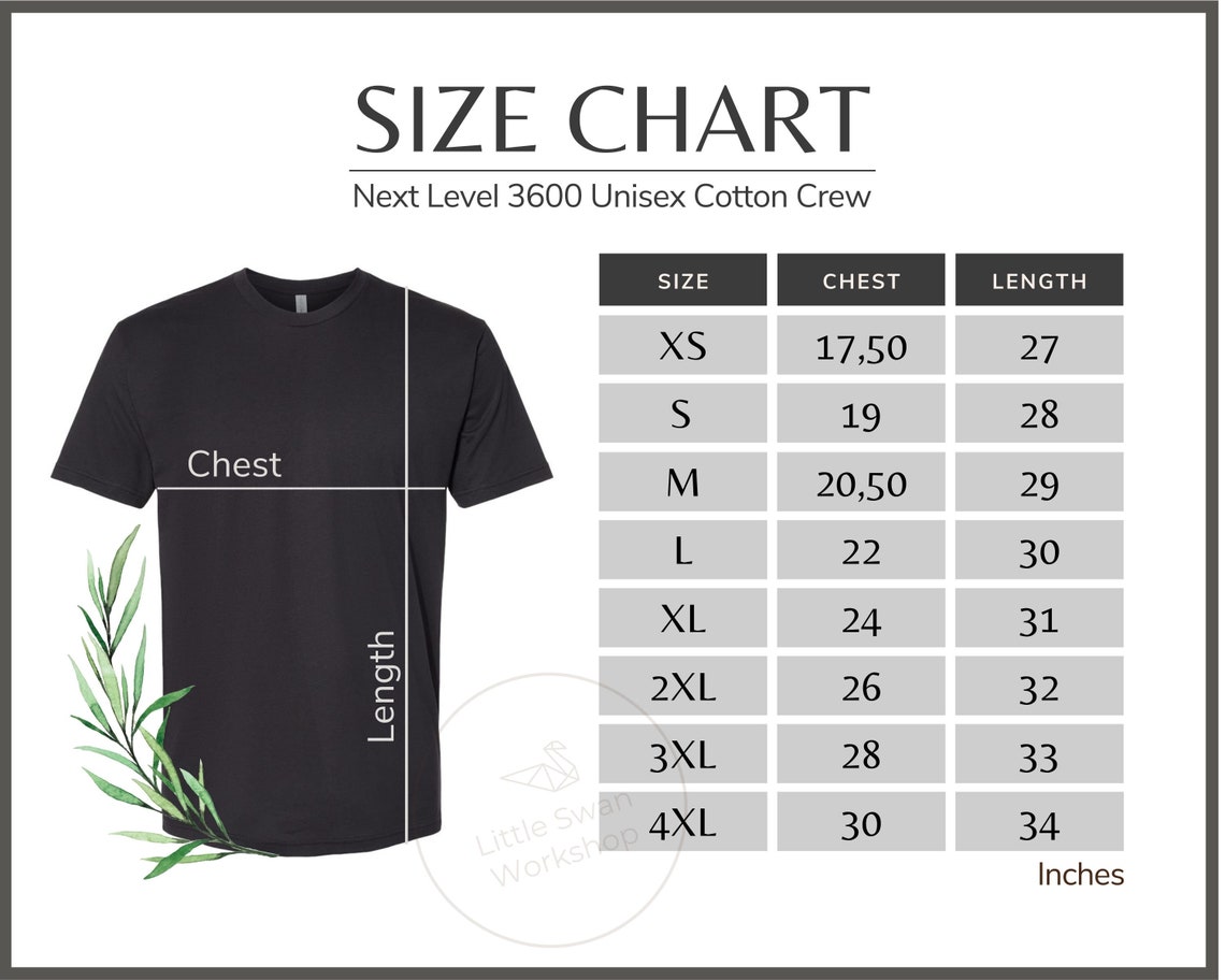 Next Level 3600 Size Chart Next Level 3600 Unisex Crew - Etsy