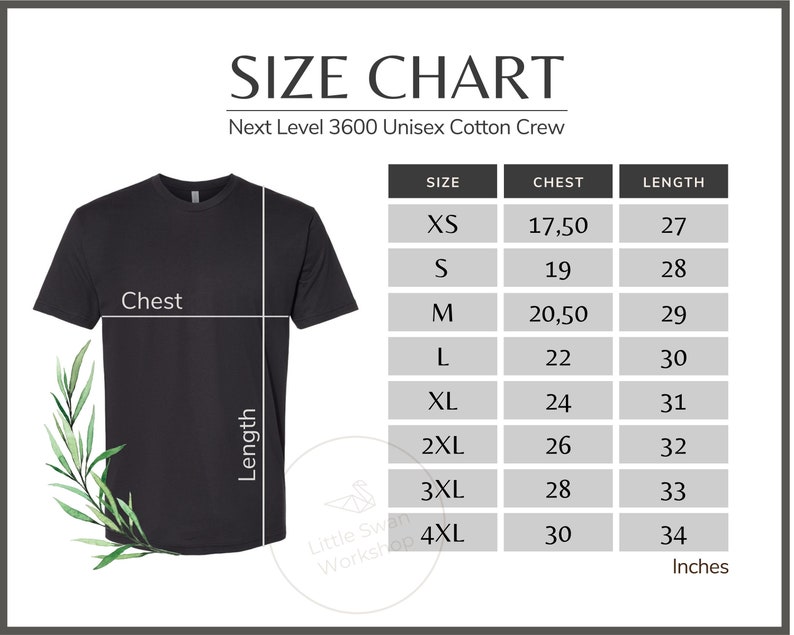 Next Level 3600 Size Chart Next Level 3600 Unisex Crew - Etsy