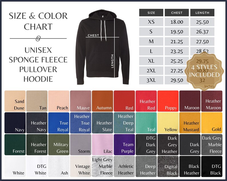 Bella Canvas 3719 Color Chart 3719 Unisex Sponge Hoodie Size | Etsy