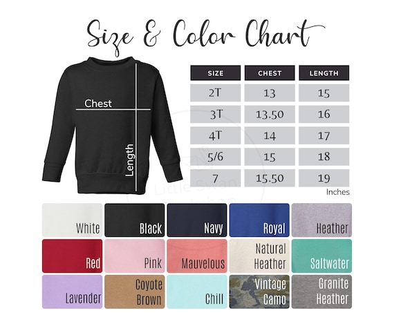 Rabbit Skins 3317 Color and Size Chart, Youth Sweatshirt