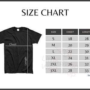 K&ouml;nnte beinhalten: Gr&ouml;&szlig;entabelle f&uuml;r ein T-Shirt mit Ma&szlig;en in Zoll f&uuml;r Brustumfang und L&auml;nge. Die Gr&ouml;&szlig;en umfassen S, M, L, XL, 2XL und 3XL.
