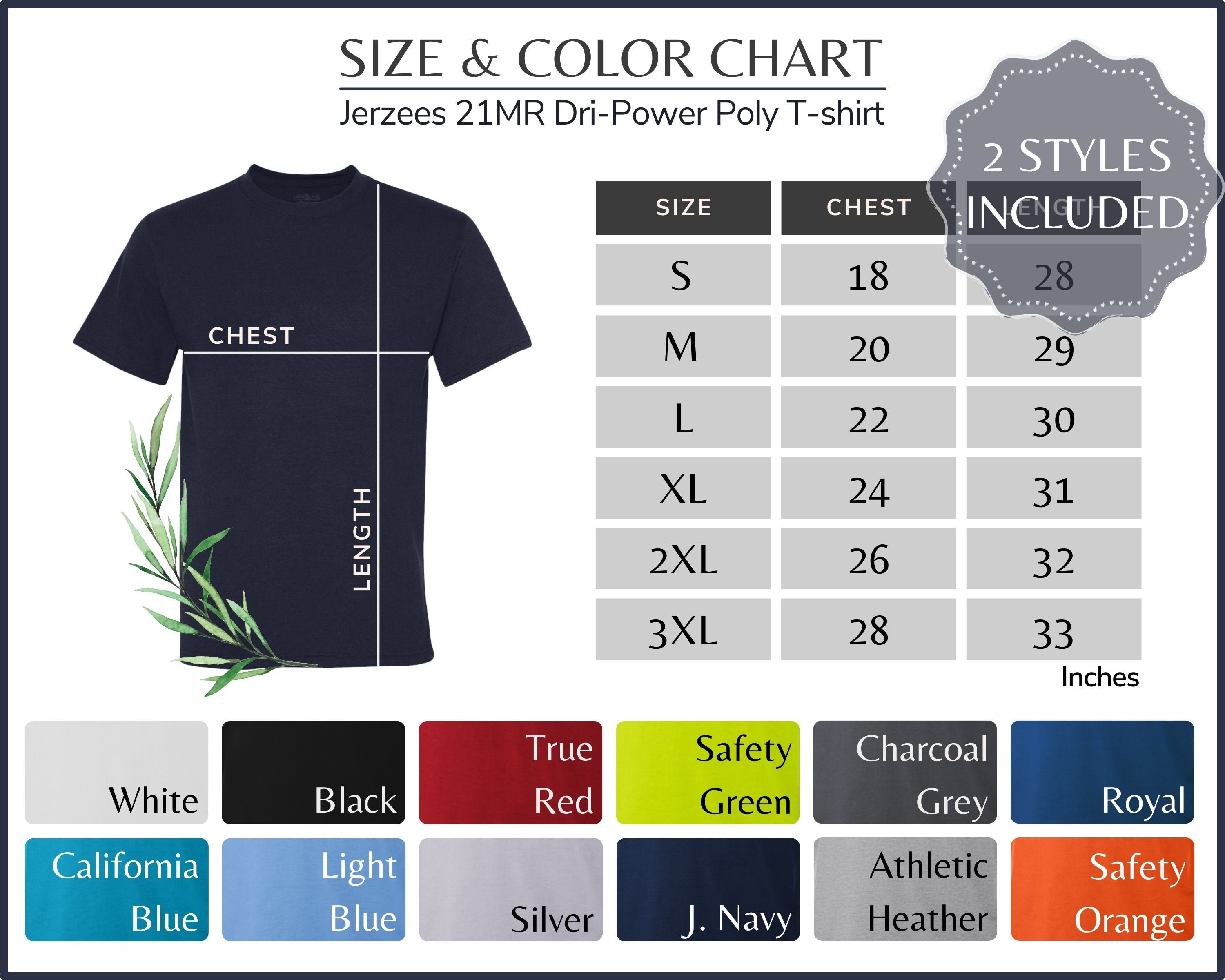 Jerzees 21MR Size Chart Jerzees 21MR Color and Size Table | Etsy