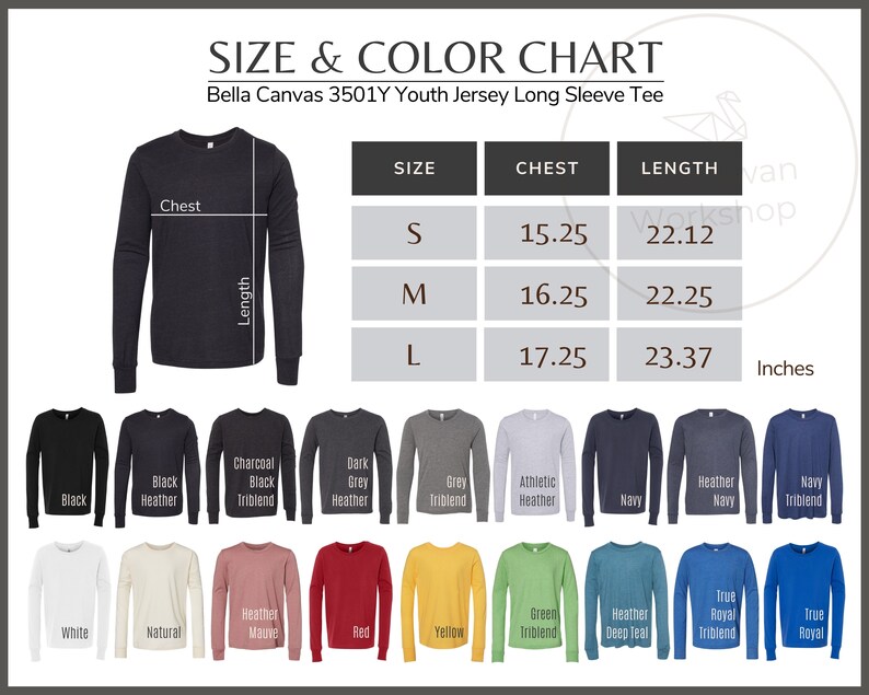 Bella Canvas 3501Y Color Chart Youth Long Sleeve 3501Y Size - Etsy