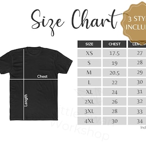 Op de afbeelding: Maattabel voor T-shirts met metingen in inches voor borst en lengte. De maten variëren van XS tot 4XL.