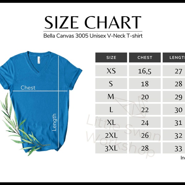 Bella Canvas 3005 Size Chart - Bella Canvas V-Neck 3005 Tee Size Chart - Bella Canvas 3005 Mockup and Size Guide, White background