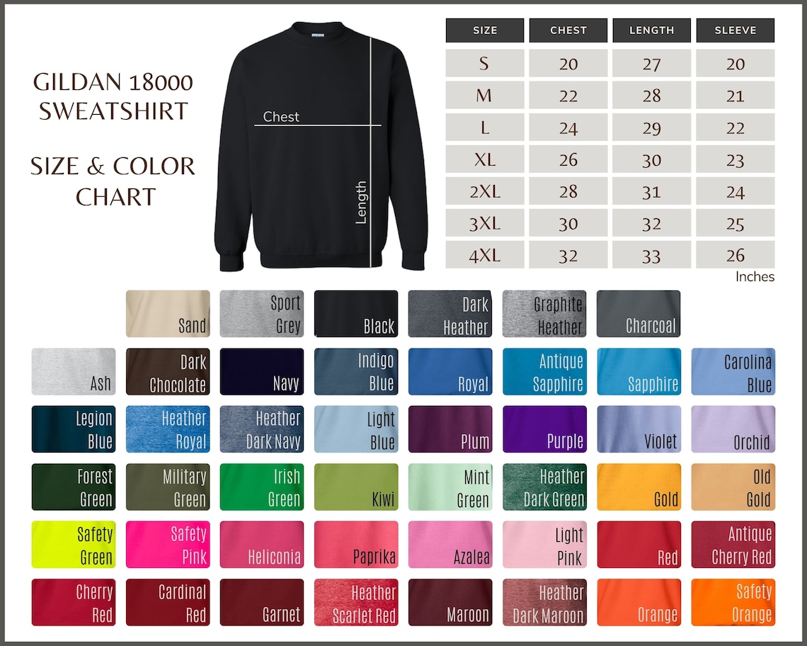 Gildan 18000 Color Chart Gildan Sweatshirt Color and Size Etsy