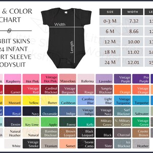 May include: Size and color chart for a short-sleeve infant bodysuit. The chart shows sizes from 0-3 months to 24 months, with corresponding width and length measurements in inches. The chart also includes a color palette with 10 rows of 10 colors each.