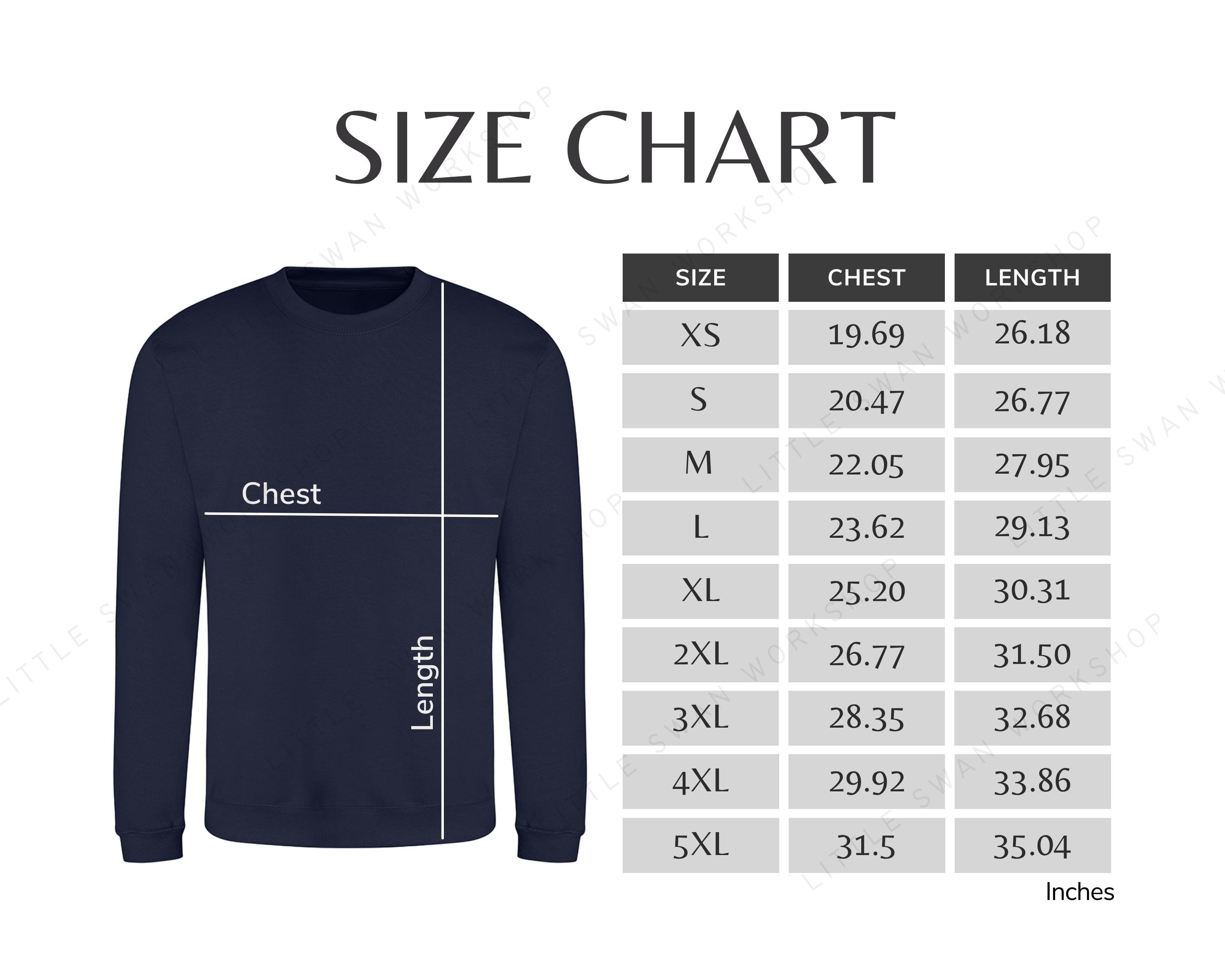 AWDIS JH030 Size Chart, Men's Sweatshirt Size Table, JH 030 Sizing